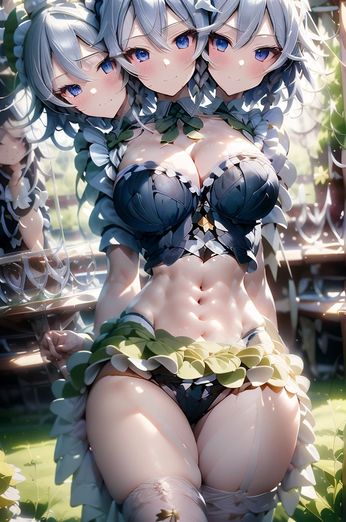 (masterpiece, best quality), best quality, best resolution, (ultra-detailed), (3heads:1.5), 1girl, (izayoi sakuya:1.3), masterpiece, (best quality:1.5, highres, UHD), highres, absurdo, ultra detail, ultra quality, Ultra resolution, dark blue top, crop top, ((stomach)), midriff, ((groin)), dark blue skirt, normal ears, shackles, grey hair, very long hair, wavy hair, sidelocks, blue eyes, parted lips, single horn, sweat, cute, toned belly, hand on own chest, eyelashes, (24 year old woman:1.3), (masterpiece:1.5), (best quality:1.5), (beautiful detailed), extremely detailed CG, extremely delicate and beautiful, depth of field, (finely detailed face), (perfect details:1.2), (mature female:1.3), wide pelvis, slender, large veiny breast, 16k resolution, high quality, high definition, extremely detailed, masterpiece, best quality, grey hair, long hair, alluring presence, braid, short skirt, close up, big tits, young, hair ribbon, maid headdress, side braid,