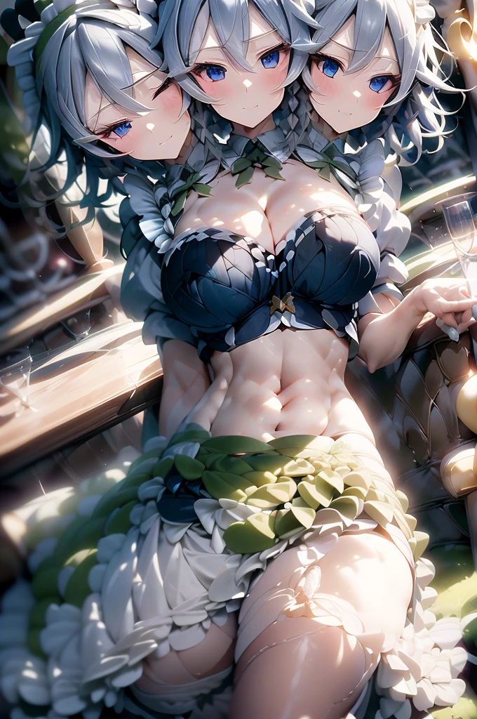 (masterpiece, best quality), best quality, best resolution, (ultra-detailed), (3heads:1.5), 1girl, (izayoi sakuya:1.3), masterpiece, (best quality:1.5, highres, UHD), highres, absurdo, ultra detail, ultra quality, Ultra resolution, dark blue top, crop top, ((stomach)), midriff, ((groin)), dark blue skirt, normal ears, shackles, grey hair, very long hair, wavy hair, sidelocks, blue eyes, parted lips, single horn, sweat, cute, toned belly, hand on own chest, eyelashes, (24 year old woman:1.3), (masterpiece:1.5), (best quality:1.5), (beautiful detailed), extremely detailed CG, extremely delicate and beautiful, depth of field, (finely detailed face), (perfect details:1.2), ( female:1.3), wide pelvis, slender, large veiny breastresolution, high quality, high definition, extremely detailed, masterpiece, best quality, grey hair, long hair, alluring presence, braid, short skirt, close up, big tits, yor ribbon, maid headdress, side braid,