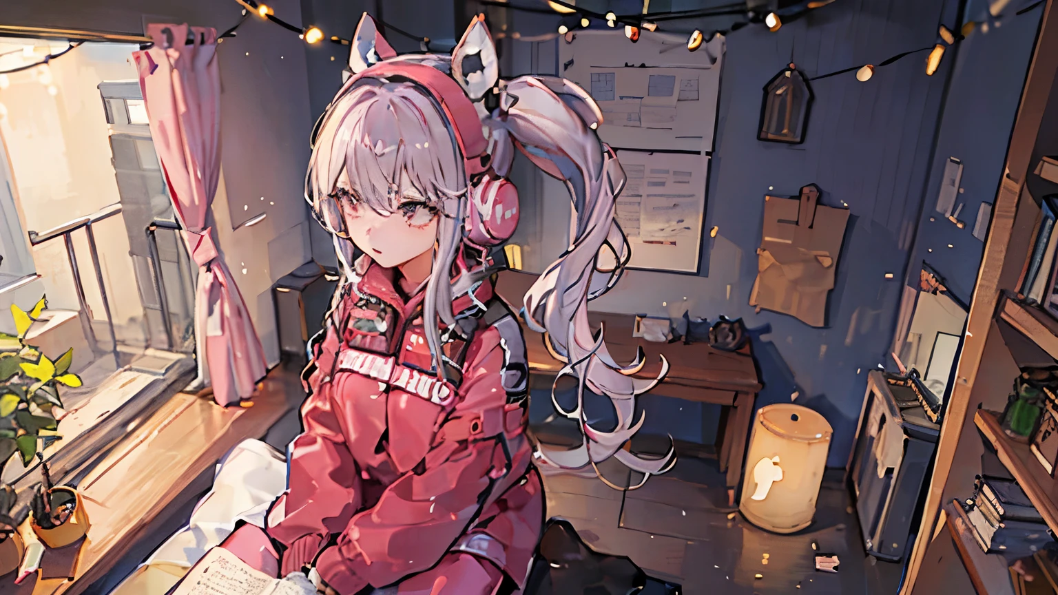 A girl studying in a room with a starry sky。The room is dark and lit by the light of the night sky.。The girl has her hair down.、The outfit is cute pajamas