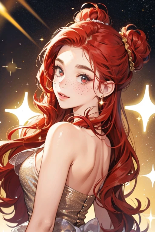 She has freckled cheeks and curly red hair in buns. SPARKLE; GLITTER