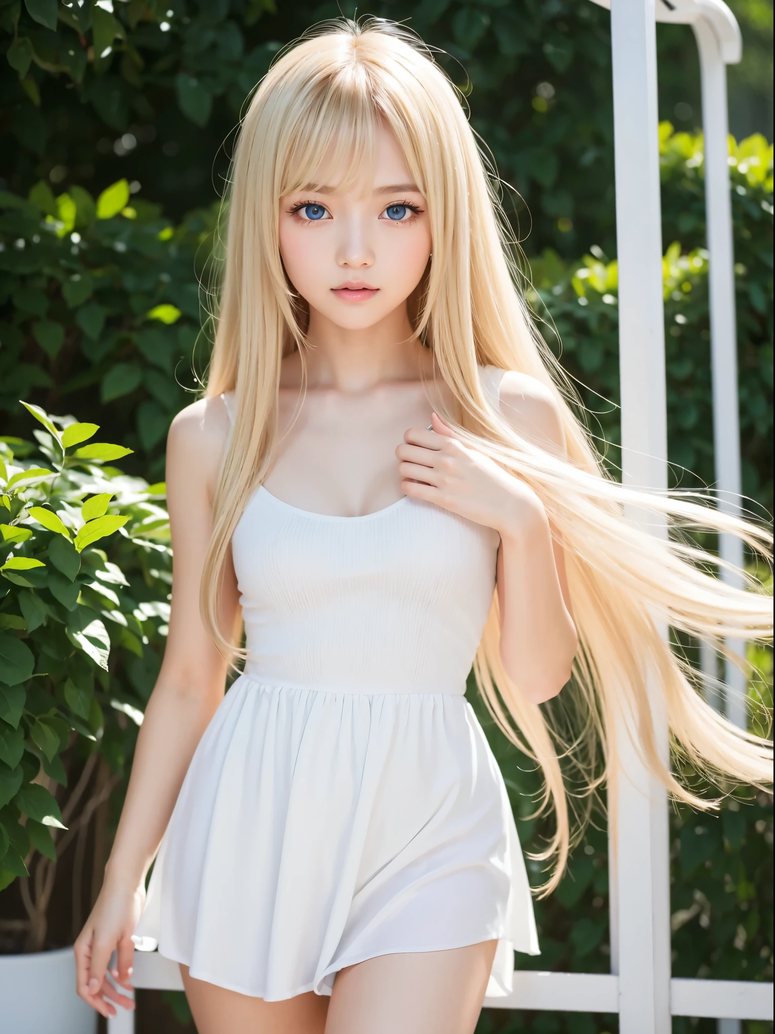 Sexy 14 year old girl with lustrous, silky blonde hair、Beautiful cute face with shiny hair dancing in front of it、cute sexy little beautiful face、long silky bangs that cover the eyes、beautiful bright pale white light blue big eyes,,,、 Super long straight hair that hides your face、sexy cute young woman、、small face beauty、Beautiful white and shiny skin、Wedding dress、