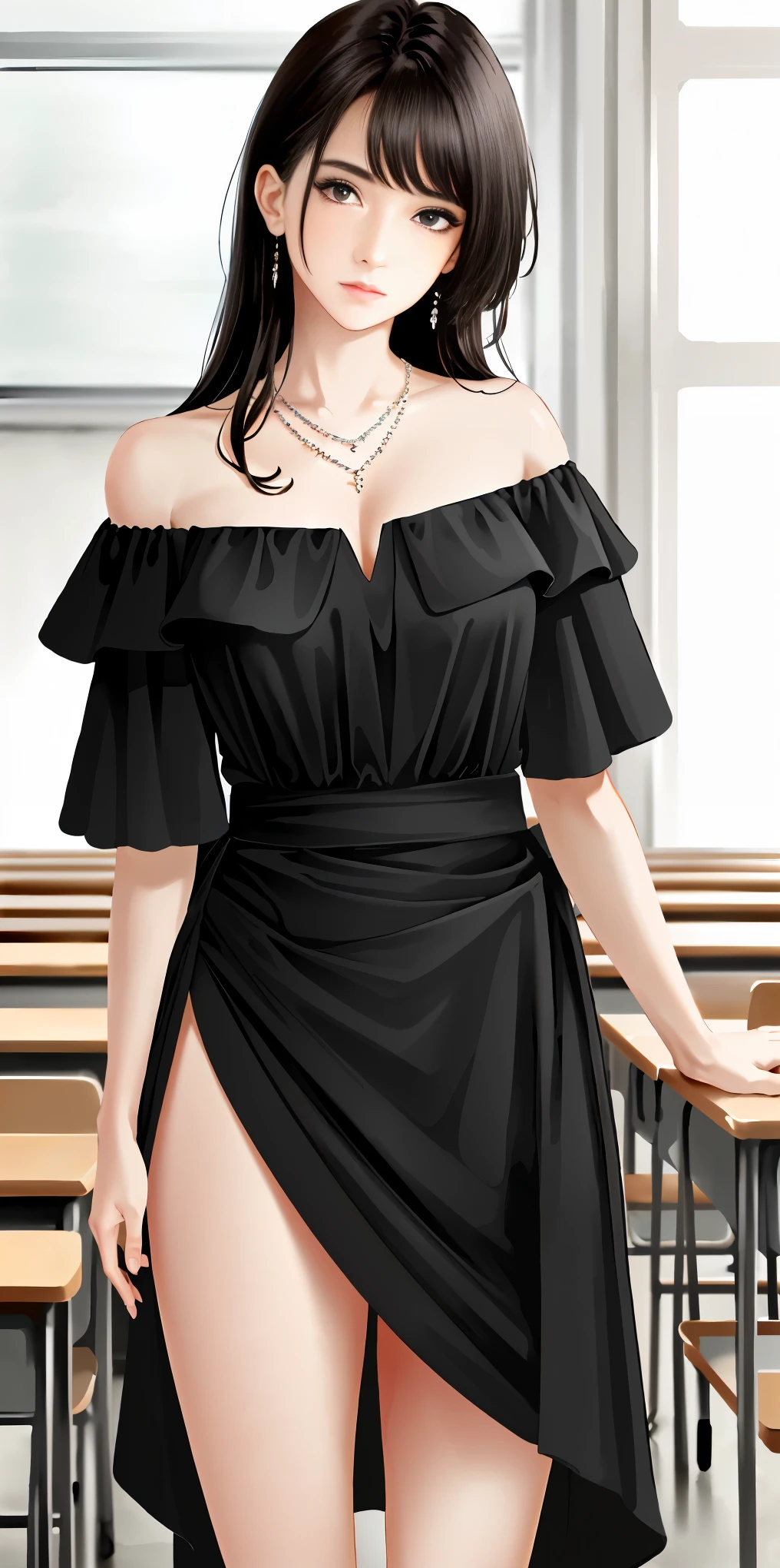 ((beautiful face)), Very delicate face,creamy and smooth skin,masterpiece, 1 girl, highest quality, ultra high resolution, (realistic:1.4),full_body,,Let me shine gently,Great scene lighting,(In the classroom), ((black off shoulder dress)),look at the audience,necklace