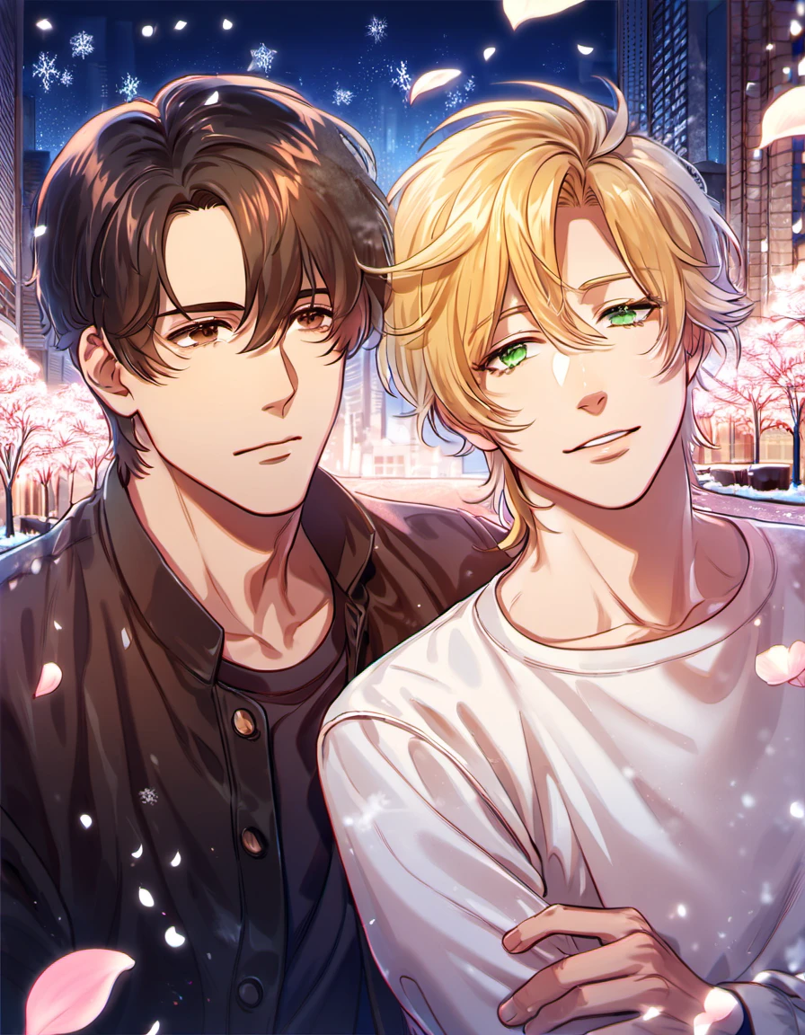 absurdres, highres, ultra detailed, HDR, master piece, best quality, Ash lynx, blond hair, hair between the eyes, expressive green eyes, Banana Fish, Okumura Eiji, black short hair with bangs, expressive brown eyes, 2men together, gay couple, handsome, petals, city, snow, snowflakes