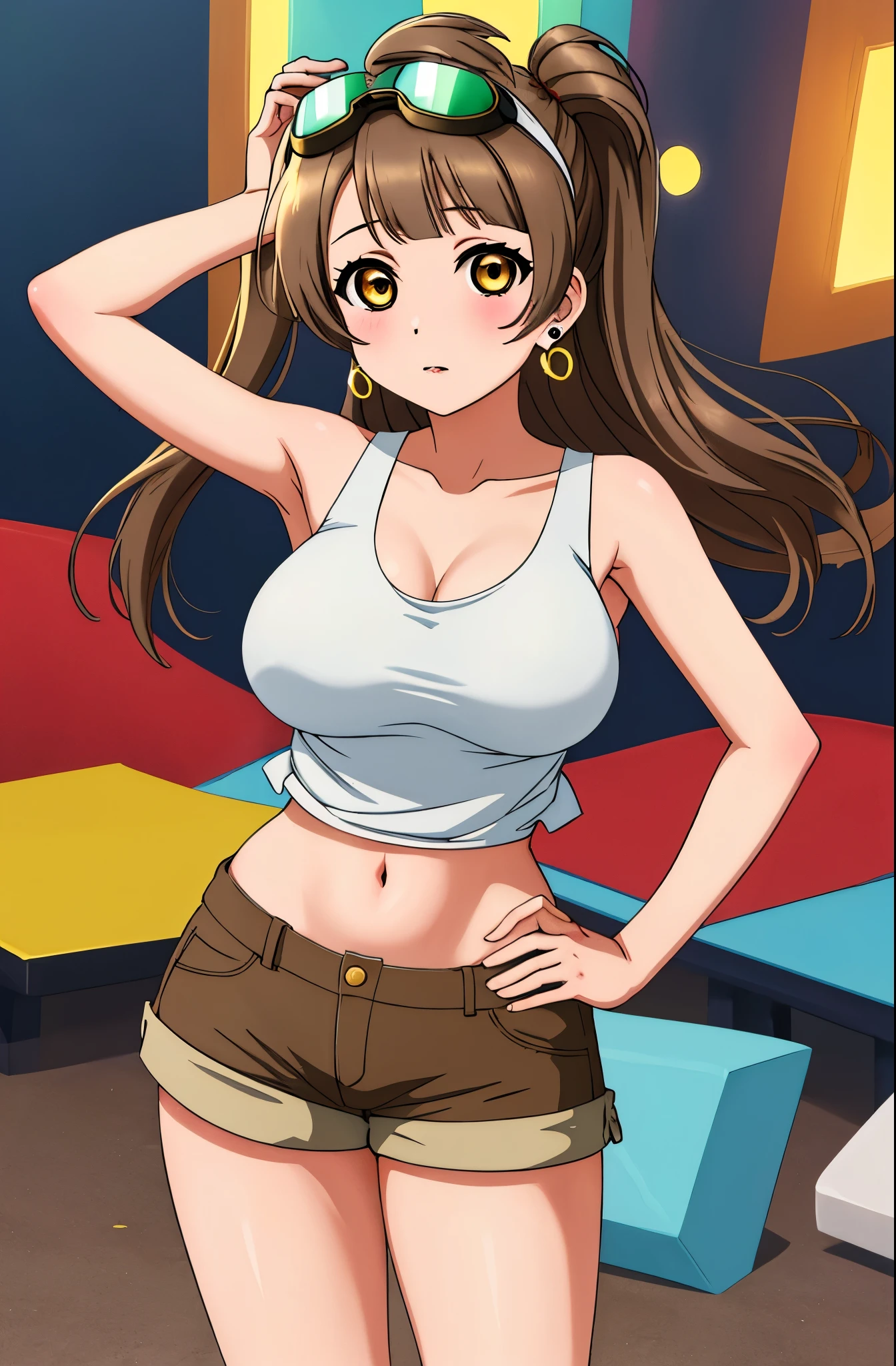 Masterpiece, best quality,solo, (cowboy shot), minami kotori, big breasts, wide hips,hand on hip,  white tank top, brown short shorts,goggles on head, ,earrings, fortune , slightly exposed midriff 