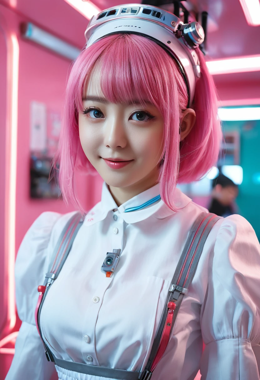 (8K、top-quality、​masterpiece:1.2)、(reallistic、Photorealsitic:1.37)、The ultra-detailliert、superrealism、(1 Maid of Humanoid Girl)、(((((Maids)))))、tre anatomically correct、Looking at the camera、All mecha from the neck down、android、Humanoid、cute little、Straight face、solo、(Redness of the nose)、(A smile:1.15)、beautidful eyes、Big eyes、(long:1.2)、Floating Hair Novafrog Style、Pink hair、Machine body、Body cable、pinafore、(((((Gears on the surface of the body、Body valves on the surface of the body、Transistors on the surface of the main unit、Vacuum tubes on the surface of the body)))))、cyberpunked、Raise your left leg、electrical cables、Reverse、((((retro-futuristic)))、Cyan LED、(((Inside the spacecraft)))、Stylish coffee shop with pink walls