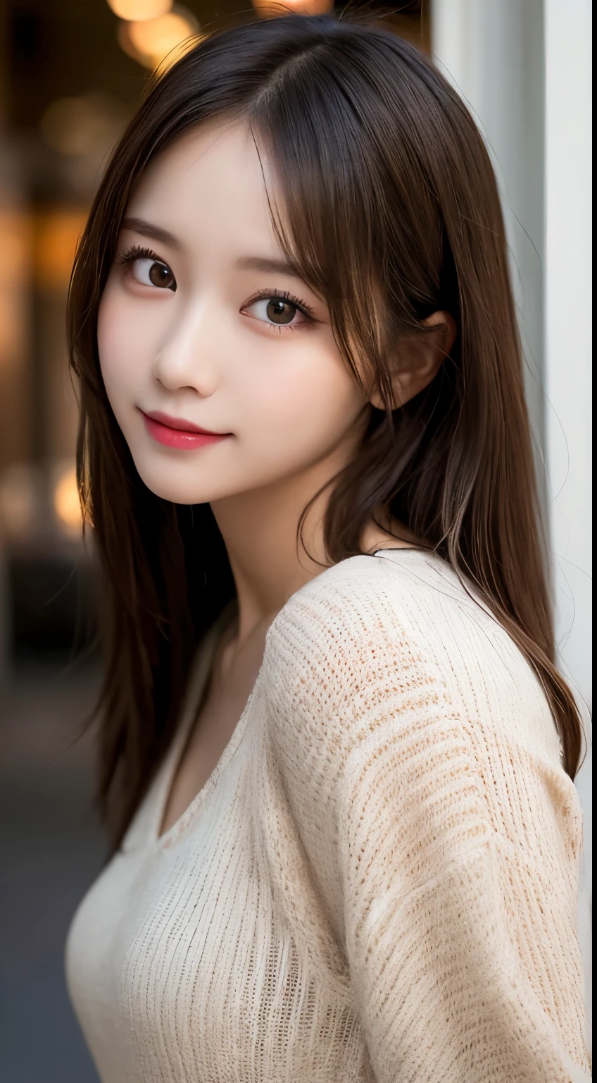table top, highest quality, shape, Super detailed, finely, High resolution, 8k wallpaper, 完璧なダイナミックな構shape, beautiful and detailed eyes, straight hair, small breasts, natural color lip, random sexy pose,smile,20 year old girl、midnight、Beautiful and dense face、perfect and beautiful face,Big eyes、Raw photo、beautiful and detailed eyes、small face、Beautiful Duplex、slim face and style,Beautiful golden ratio face、casual dress、Please make a cute face、Harajuku、blurred background