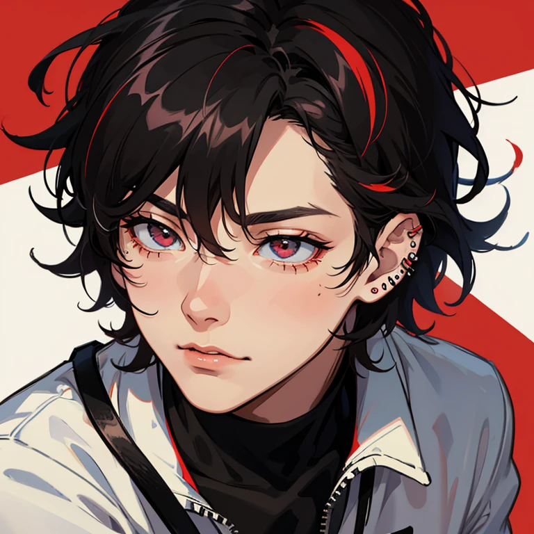Cute boy with black, messy hair with some red streaks, have a piercing on the nose.