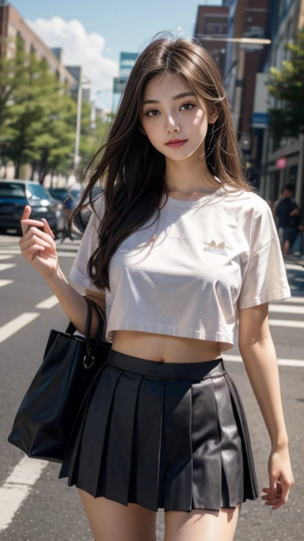 A high school girl wearing a short pleated skirt、plump thighs、Navel Fashion、Cinematic Sunshine