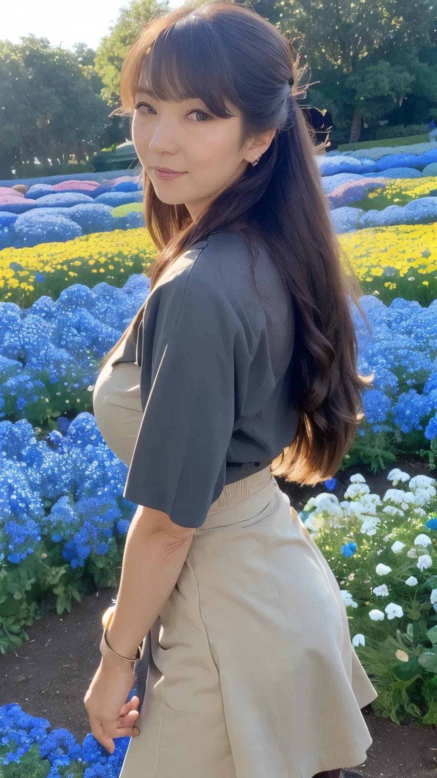 NSFW, ((Top Quality)), ((8K)), ((Masterpiece: 1.3)), (Perfect Appearance), (Photorealism: 1.6), (Japanese woman standing in the middle of a flower field: 1.6), (outdoors), (bright blue sky), (Nemophila flower garden: 1.6),
japanese woman, (58 years old), ((Realistic skin texture 1.8)), (Fine wrinkles throughout the skin: 1.3), (Dull skin: 1.1), (Skin without moisture: 1.2) , (Wrinkles on the face: 0.9), (Wrinkles on the corners of the eyes: 1.2), Double eyelids, tear bags on the lower eyelids, (Crying moles: 0.9), The eyes are looking here, serious gaze, (Dimples: 1.2), short bangs, long hair, Waves on the ends of the hair, soft fabric blouse, (Plump and glamorous body), (wide sleeves), (Cuffs that fit your wrist), (The hem of the blouse is tucked into the skirt: 1.2), flare skirt, high heels, (focus on upper body: 1.3), (low angle: 1.4),