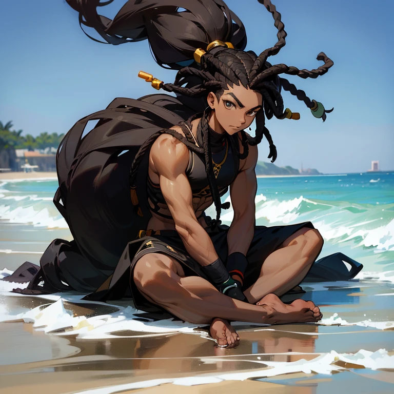 Personagem negro com dreads, forte com postura e calma, masculino, on a beach with lots of people in the background