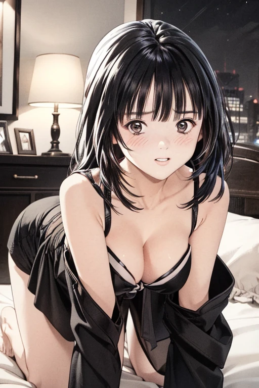 (8K、top-quality、​masterpiece:1.2)、(realisitic、ultra-detailliert、超A high resolution、1 girl、see the beholder、beautifull detailed face,(all fours on bed),at night ,layered hair,long black hair,full-face blush、Constriction、(Slim waist) :1.3)、cleavage、Beautiful detailed skin、Skin Texture、Floating hair、Professional Lighting、in my bedroom,(Whole human body:1.0),long shot,Kimono dress,off shoulder,winking,wearing random colar