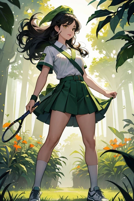 Diaz has a brown complexion and curly, shoulder-length black hair held back by a Reseda green headband that matches her uniform colors.
She's only ever seen with her Poppy Rangers uniform. This consists of a light-moss green, short-sleeve shirt, overlaid with a yellow bandana around the collar with a single olive stripe across the middle. As well, this includes green-toned khaki shorts, tennis shoes of the same color, and tube socks underneath. Over-top the entire outfit is a dark green sash. SPARKLE; GLITTER