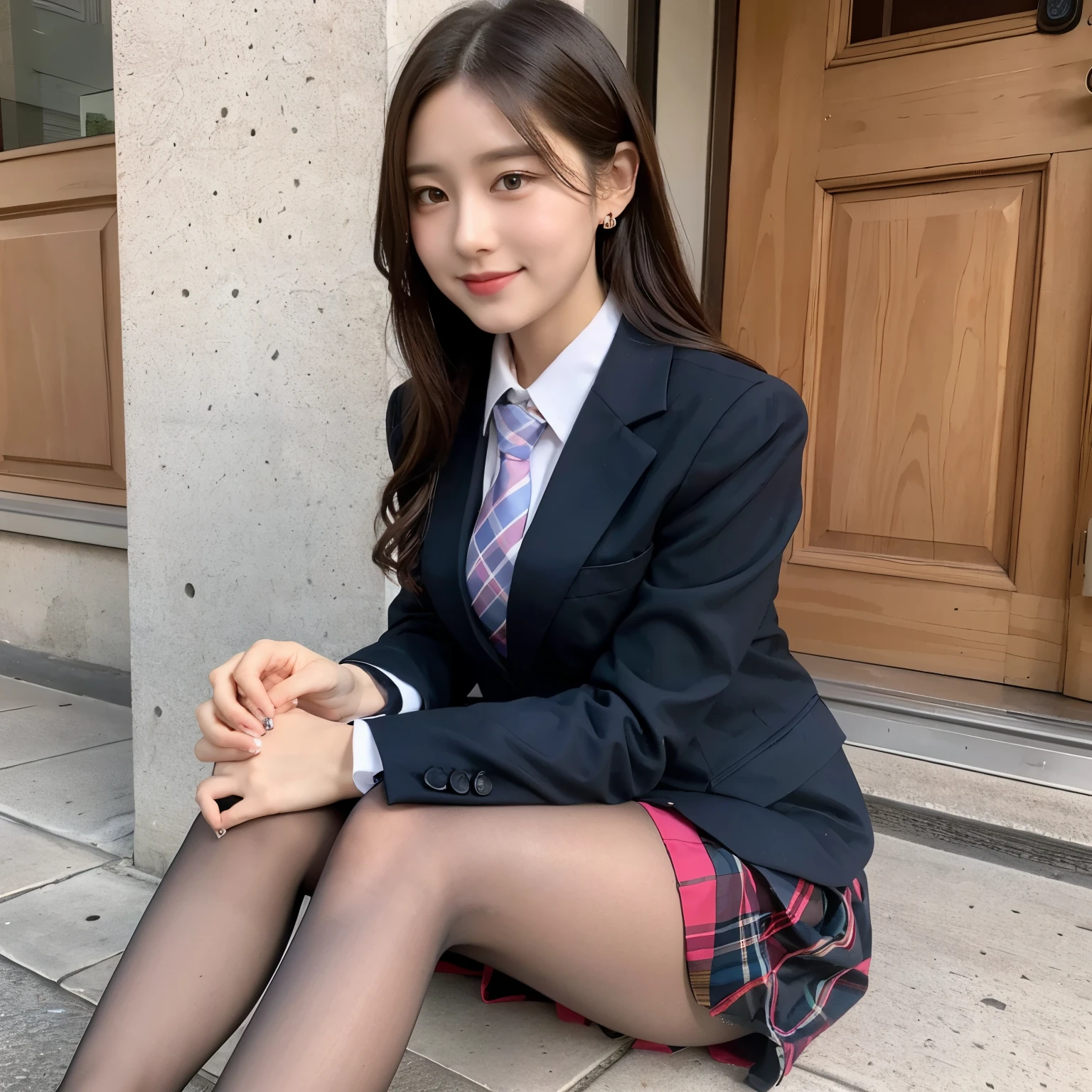 (8K), (highest quality: 1.2), (realistic), (realistic: 1.37), ultra high resolution, (1 girl), cute, smile, closed mouth, beautiful details, beautiful nose, wet hair, giant dulcefo, pork, thighs，self snap,University Student Uniform,simple blazer,pleated skirt,(The pattern of the skirt and tie is a tartan check pattern....:1.3),(sitting:1), sit on the ground,(hug your feet:1),(Pink tights),from the front,knees,panties