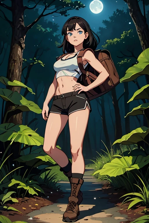 ultra high res, masterpiece, anime style, cell shading, highly detailed, fantasy inspired setting, 1girl, long black hair, blue eyes, expressive eyes, perfect face, medium breast, small waist, perfect figure, athletic physique, white crop top, showing cleavage, mid section exposed, wearing a hiking backpack, brown short-shorts, brown hiking boots, walking, looking at viewer, full body portrait, (Background: Outdoors, in the forest, night, moon light luminating on the forest floor, glowing mushrooms, fireflies)