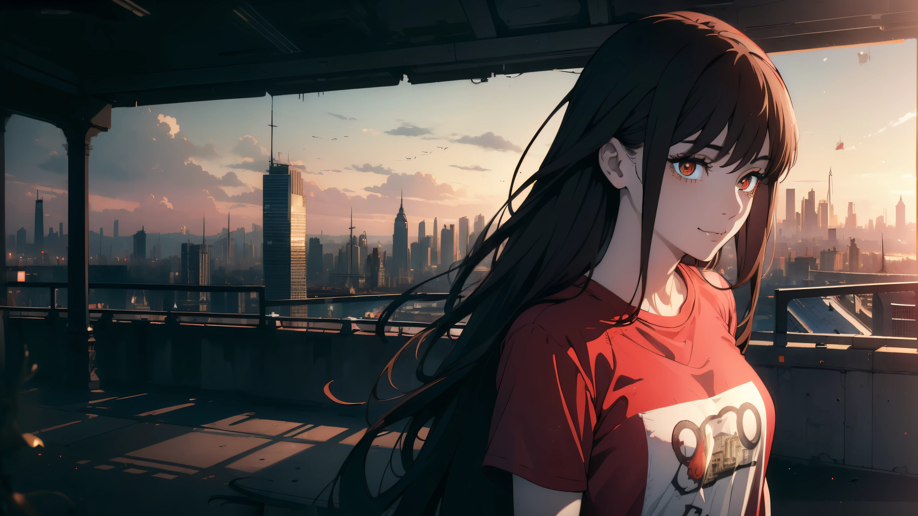 ((((masterpiece, best quality, ultra high resolution)))), 1 girl, standing, (Baggy red T-shirt, loose blue shorts), long back hair, long black hair, pale skin, ((shining brown eyes)), ((ultra fine eyes:1, Beautiful and dense face, fine eyes:0.5)), empty eyes, smile, (((Realistic cityscape)))