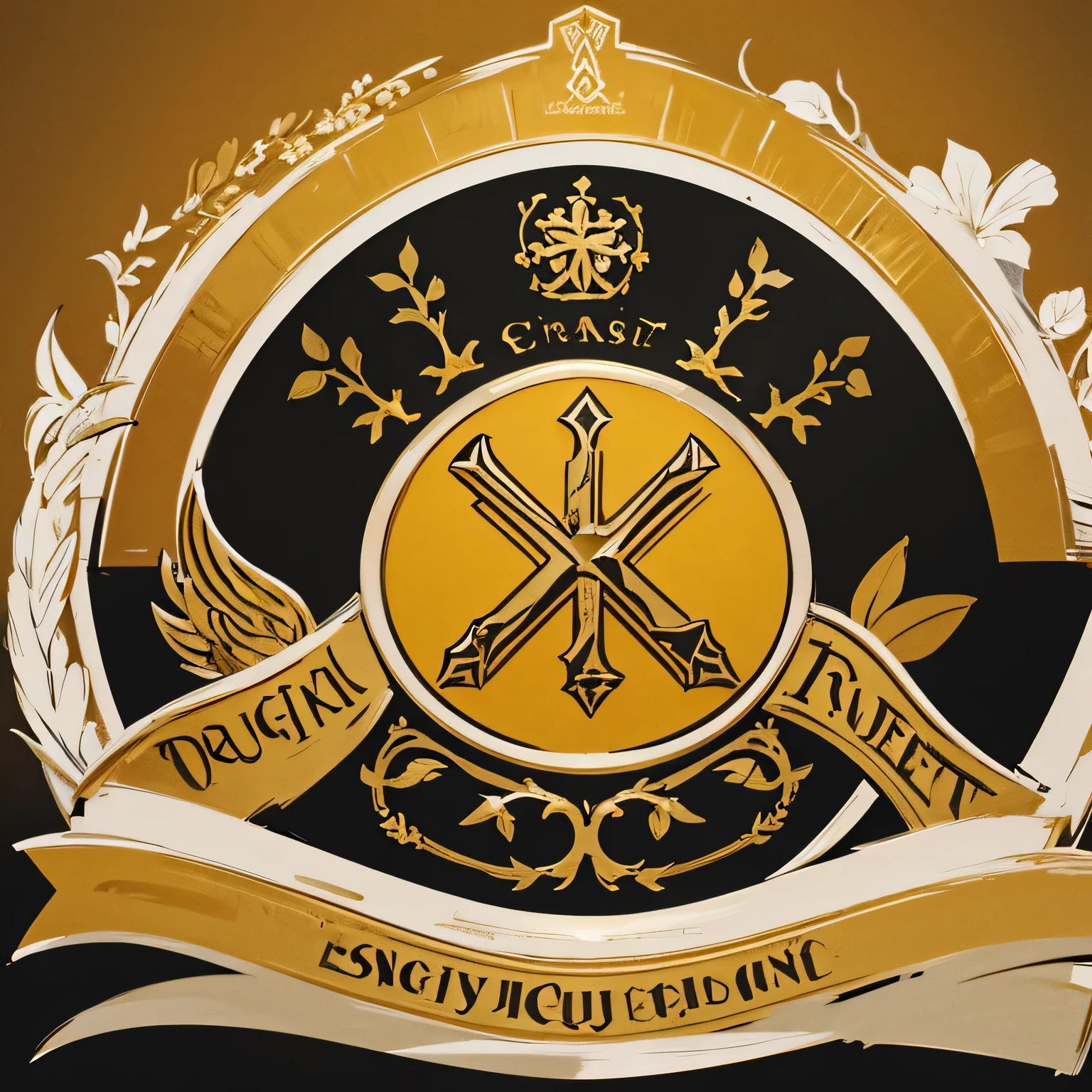 guerra, puntiagudo, texto U F I, forma escudo, resoución 4K, medieval, mustard yellow logo design, negro, blanco