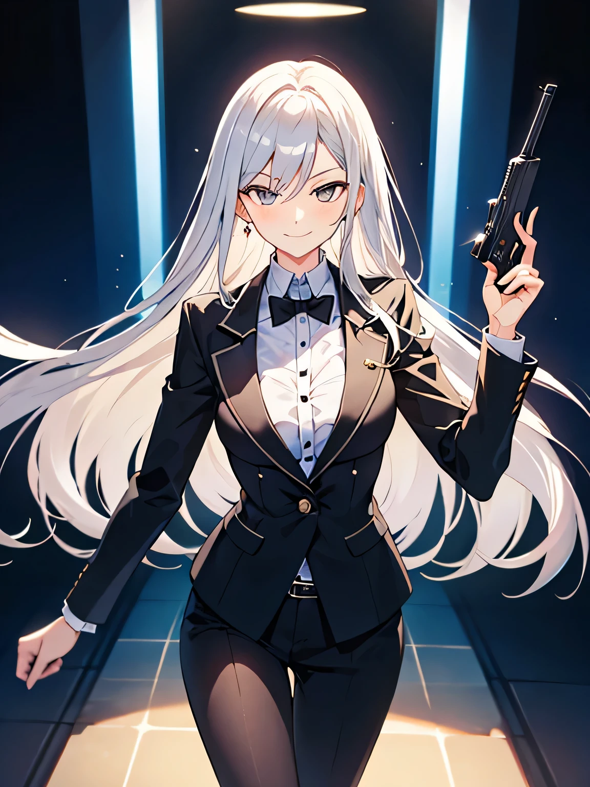 Dim casino background, silver hair, long straight hair, black suit, holding pistol, mysterious smile, cunning expression