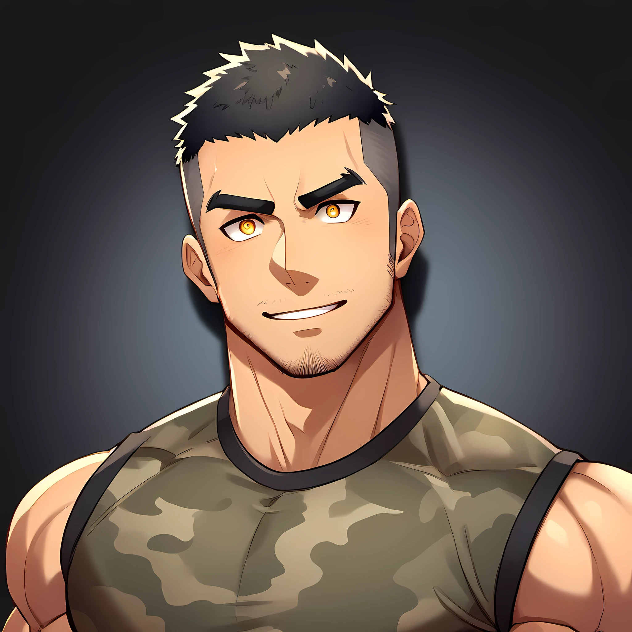 anime characters:Gyee, Fitness coach, 1 muscular tough guy, Manliness, male focus, Camouflage sleeveless T-shirt, Very tight, Slightly transparent, muscular male, muscular, only, Upper body, alone, Black short hair, Thick eyebrows, stubble, Yellow eyes, Black background, simple background, amazing quality, best aesthetics, Ridiculous, bright pupils, crew cut, parted lips, embarrassed, forced smile, drop shadow, best quality