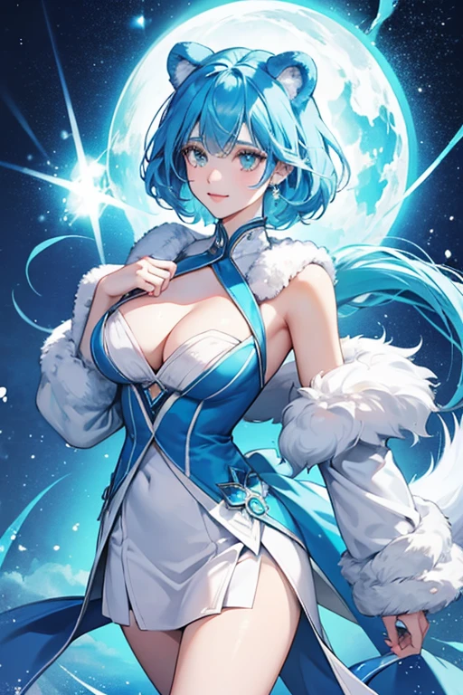 her fur is a more vibrant shade of white, her eyes a more cyan-blue and her tail is closer to that of a dog than a that of a bear. She also had a glowing, neon-blue star on her chest. She first appears in the fallen star special. SPARKLE; GLITTER