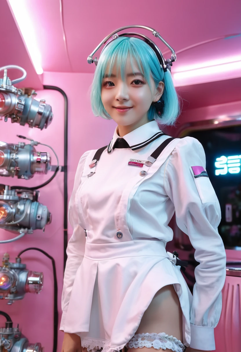 (8K、top-quality、​masterpiece:1.2)、(reallistic、Photorealsitic:1.37)、The ultra-detailliert、superrealism、(1 Maid of Humanoid Girl)、(((((Maids)))))、tre anatomically correct、Looking at the camera、All mecha from the neck down、android、Humanoid、cute little、Straight face、solo、(Redness of the nose)、(A smile:1.15)、beautidful eyes、Big eyes、(long:1.2)、Floating Hair Novafrog Style、Pink hair、Machine body、Body cable、pinafore、(((((Gears on the surface of the body、Body valves on the surface of the body、Transistors on the surface of the main unit、Vacuum tubes on the surface of the body)))))、cyberpunked、Raise your left leg、electrical cables、Reverse、((((retro-futuristic)))、Cyan LED、(((Inside the spacecraft)))、Stylish coffee shop with pink walls