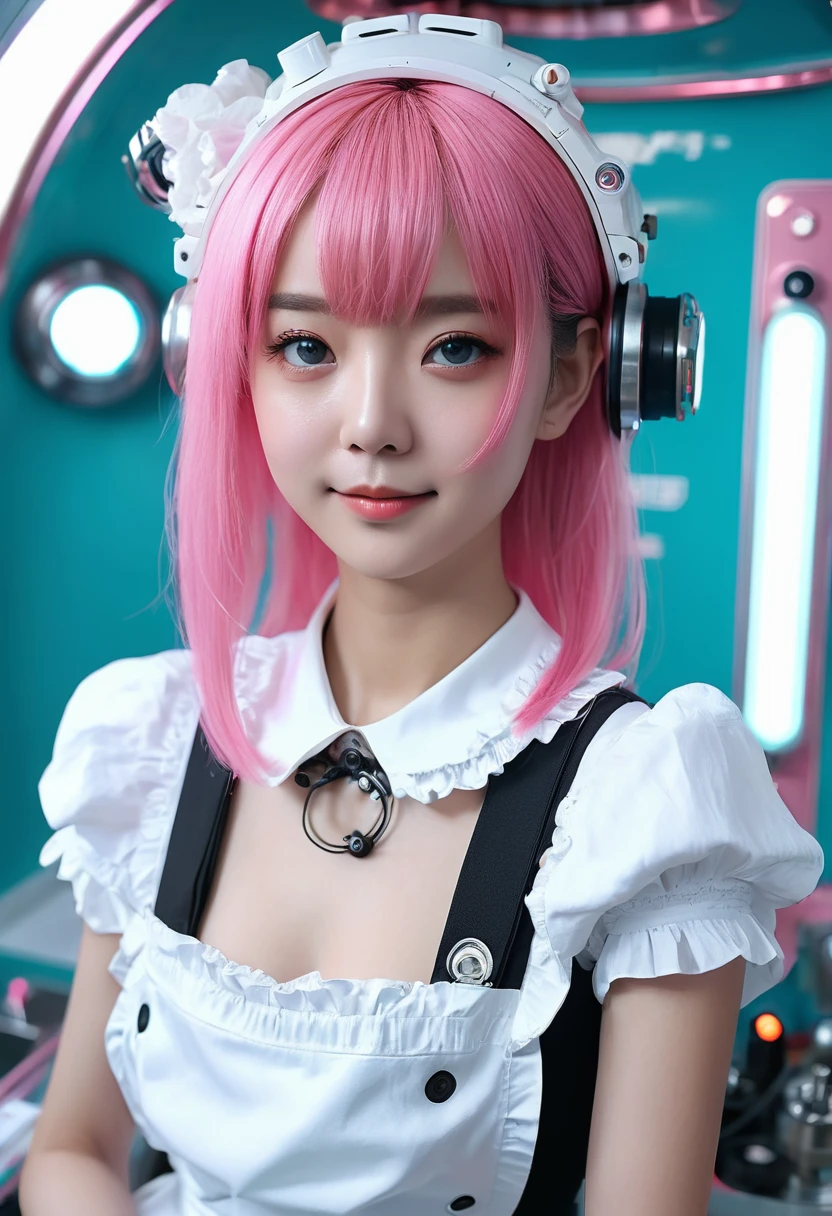 (8K、top-quality、masterpiece:1.2)、(reallistic、Photorealsitic:1.37)、The ultra-detailliert、superrealism、(1 Maid of Humanoid Girl)、(((((Maids)))))、tre anatomically correct、Looking at the camera、All mecha from the neck down、android、Humanoid、cute little、Straight face、solo、(Redness of the nose)、(A smile:1.15)、beautidful eyes、Big eyes、(long:1.2)、Floating Hair Novafrog Style、Pink hair、Machine body、Body cable、pinafore、(((((Gears on the surface of the body、Body valves on the surface of the body、Transistors on the surface of the main unit、Vacuum tubes on the surface of the body)))))、cyberpunked、Raise your left leg、electrical cables、Reverse、((((retro-futuristic)))、Cyan LED、(((Inside the spacecraft)))、Stylish coffee shop with pink walls