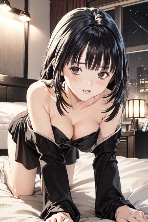 (8K、top-quality、​masterpiece:1.2)、(realisitic、ultra-detailliert、超A high resolution、1 girl and 1boy are kissing,eyes closed、see the beholder、beautifull detailed face,(all fours on bed),at night ,layered hair,long black hair,full-face blush、Constriction、(Slim waist) :1.3)、cleavage、Beautiful detailed skin、Skin Texture、Floating hair、Professional Lighting、in my bedroom,(Whole human body:1.0),long shot,Kimono dress,off shoulder,winking,wearing random colar