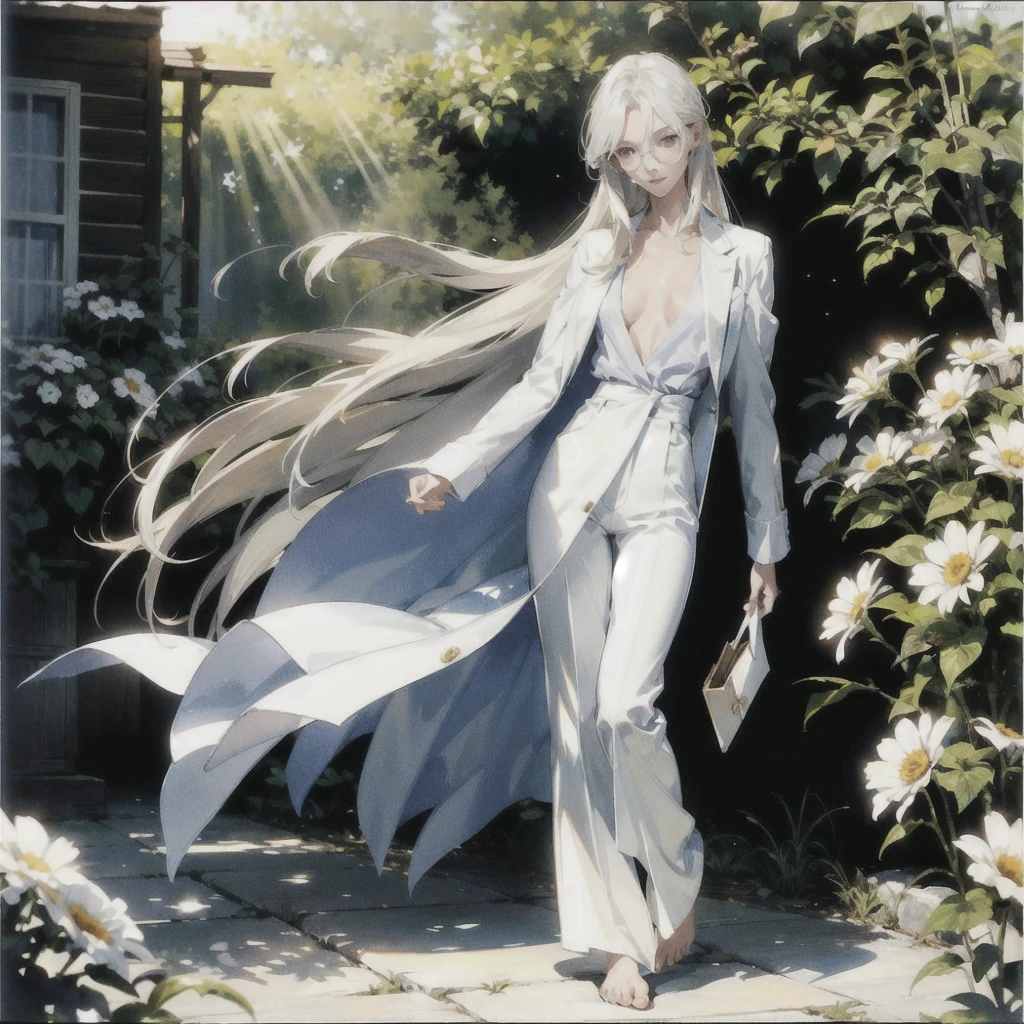 Exquisite slender gentle girl 20 years old with a perfect very beautiful delicate face with long straight blond silver hair (with purple eyes) naked in the rays of the rising sun with tender breasts barefoot (in white trousers and a white jacket) (in round glasses) drinking on the veranda in the garden (Coffee) and looks at the flowers, in watercolor style, discreet light shades, Flares, imitation of film photography, against the sun, a lot of sun glare, light fills the frame