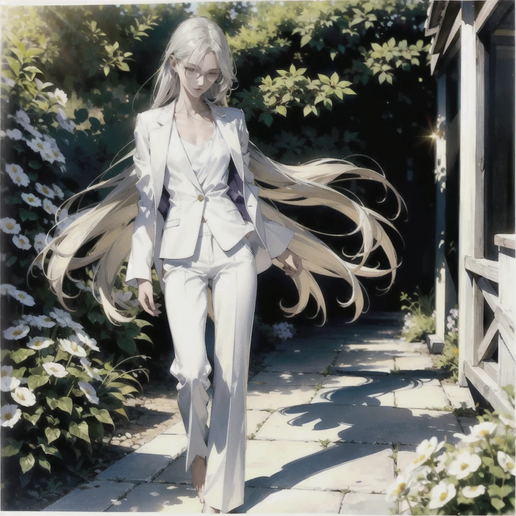 Exquisite slender gentle girl 20 years old with a perfect very beautiful delicate face with long straight blond silver hair (with purple eyes) naked in the rays of the rising sun with tender breasts barefoot (in white trousers and a white jacket) (in round glasses) drinking on the veranda in the garden (Coffee) and looks at the flowers, in watercolor style, discreet light shades, Flares, imitation of film photography, against the sun, a lot of sun glare, light fills the frame