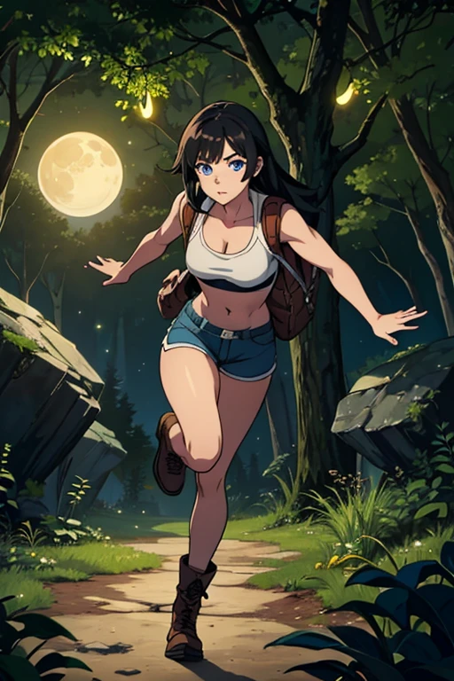 ultra high res, masterpiece, anime style, cell shading, highly detailed, fantasy inspired setting, 1girl, long black hair, blue eyes, expressive eyes, perfect face, medium breast, small waist, perfect figure, athletic physique, white crop top, showing cleavage, mid section exposed, wearing a hiking backpack, brown short-shorts, brown hiking boots, walking, looking at viewer, full body portrait, (Background: Outdoors, in the forest, night, moon light luminating on the forest floor, glowing mushrooms, fireflies)
