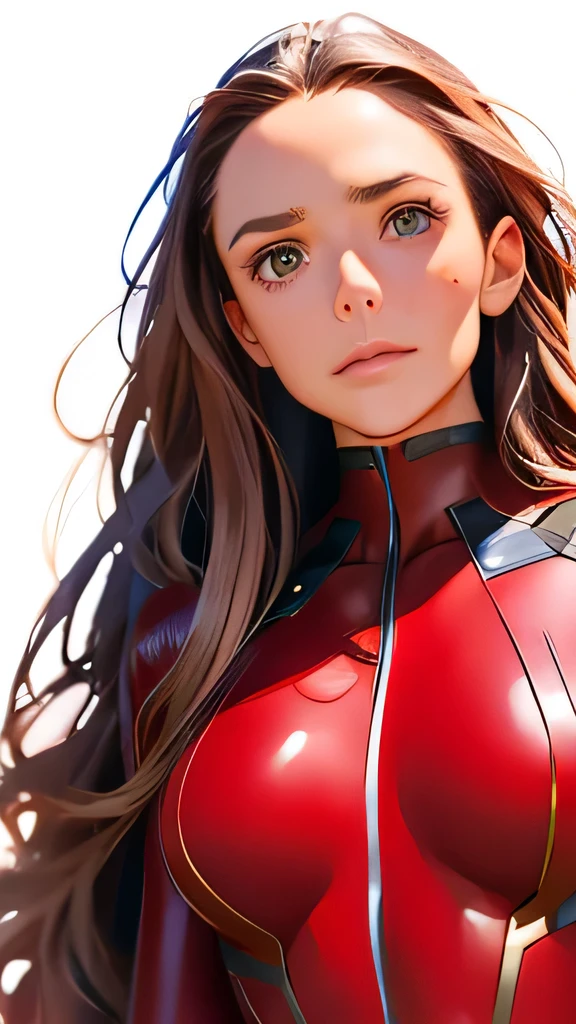 highest quality、realistic、girl、zoom、look up、cute、gray eyes、long hair、chestnut hair、all back、Forehead is coming out、Red Hero Suit、shiny bodysuit、close up of face、fighting pose
