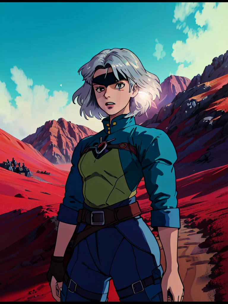 masterpiece, best quality, high quality, absurdres, illustration, film grain, chromatic aberration, dramatic lighting, (high resolution,masterpiece, ultra best quality, insanely amazing hyper fine extremely detailed, official:1.4)
(solo girl, female),(eye patch on left eyes ),((solo girl)),
((punk outfit )),((short silver hair ))++++, dynamique pose, full body, look at viewer, front pose
break
in the style of a 80's movie and japan animation,(( inspired by dune, nausicaä of the valley of the wind, trigun, akira),(masterpiece:1.5, best quality:1.5),(red sand desert), (red desert landscape), ruine in backgournd, amazing, beautiful detailed, extremely detailed wallpaper, extremely detailed CG unity 8k wallpaper, extremely delicate and beautiful, finely detailed, extremely detailed wallpaper, official art, detailed background, beautiful detailed shadow: 1.5, cinematic lighting, backlight),