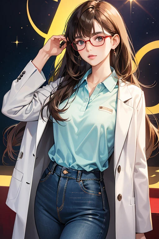 She has long, brunette hair with her bangs swept to the side. She's seen wearing square glasses with red frames. She's seen wearing an aqua polo, long, livid blue jeans, a white lab coat, and she seems to sport a pair of brown Oxfords. SPARKLE; GLITTER