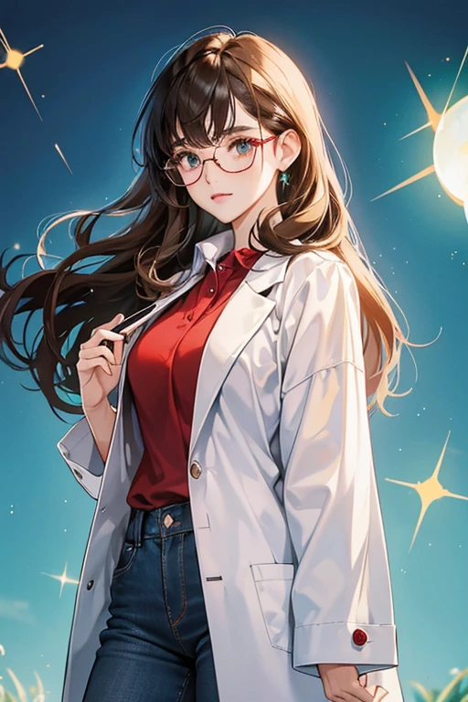 She has long, brunette hair with her bangs swept to the side. She's seen wearing square glasses with red frames. She's seen wearing an aqua polo, long, livid blue jeans, a white lab coat, and she seems to sport a pair of brown Oxfords. SPARKLE; GLITTER