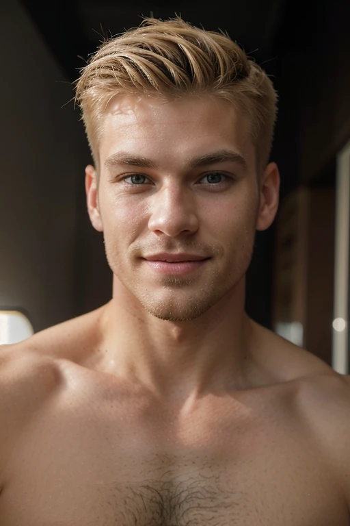 A man in his late twenties, two shades blonde, a sharp nose, a modern hairstyle, a charming and attractive smile, a sharp jaw with a light beard, charming good lighting, relatively green eyes, a black shirt, an athletic body.