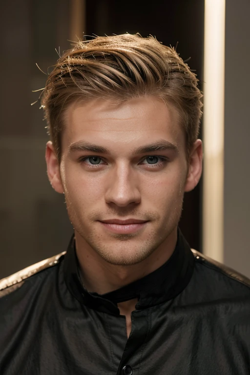 A man in his late twenties, two shades blonde, a sharp nose, a modern hairstyle, a charming and attractive smile, a sharp jaw with a light beard, charming good lighting, relatively green eyes, a black shirt, an athletic body.
