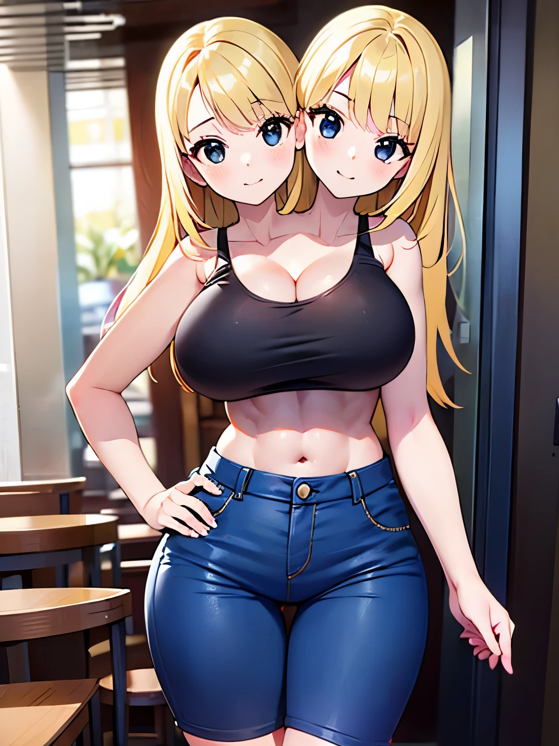 best quality, (masterpiece),(ultra-detailed), (high quality), (high resolution), ((2heads:1.5)), best quality:1.5, highres, UHD, 16K), smiling, highres, masterpiece, (blonde hair), (cleavage), (black tank top), medium long hair, ((blue short pants)), lustrous and smooth skin, (mature woman), (black eyes), (cute face), (exposed midriff), seductive silhouette, ((slim hips)), casual dress, sexy proportions, young girl with accentuated slender abs, long legs, seductive woman, lustrous woman, (huge breasts), detailed eyes