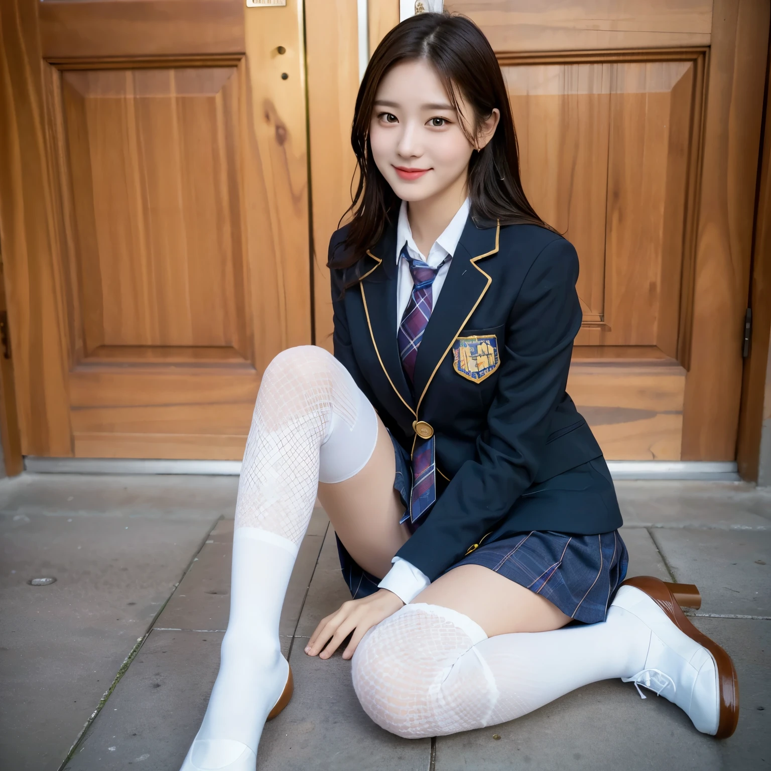 (8K), (highest quality: 1.2), (realistic), (realistic: 1.37), ultra high resolution, (1 girl), cute, smile, closed mouth, beautiful details, beautiful nose, wet hair, giant dulcefo, pork, thighs，self snap,University Student Uniform,simple blazer,pleated skirt,(The pattern of the skirt and tie is a tartan check pattern....:1.3),(sitting:1), sit on the ground,(hug your feet:1),(white knee socks),from the front,knees,