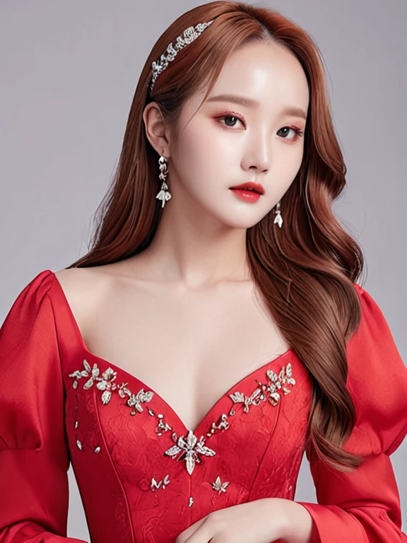 gowon from loona in red gown, 8k,realistic, portrait, plain background, slim face, beautiful, gown from loona 