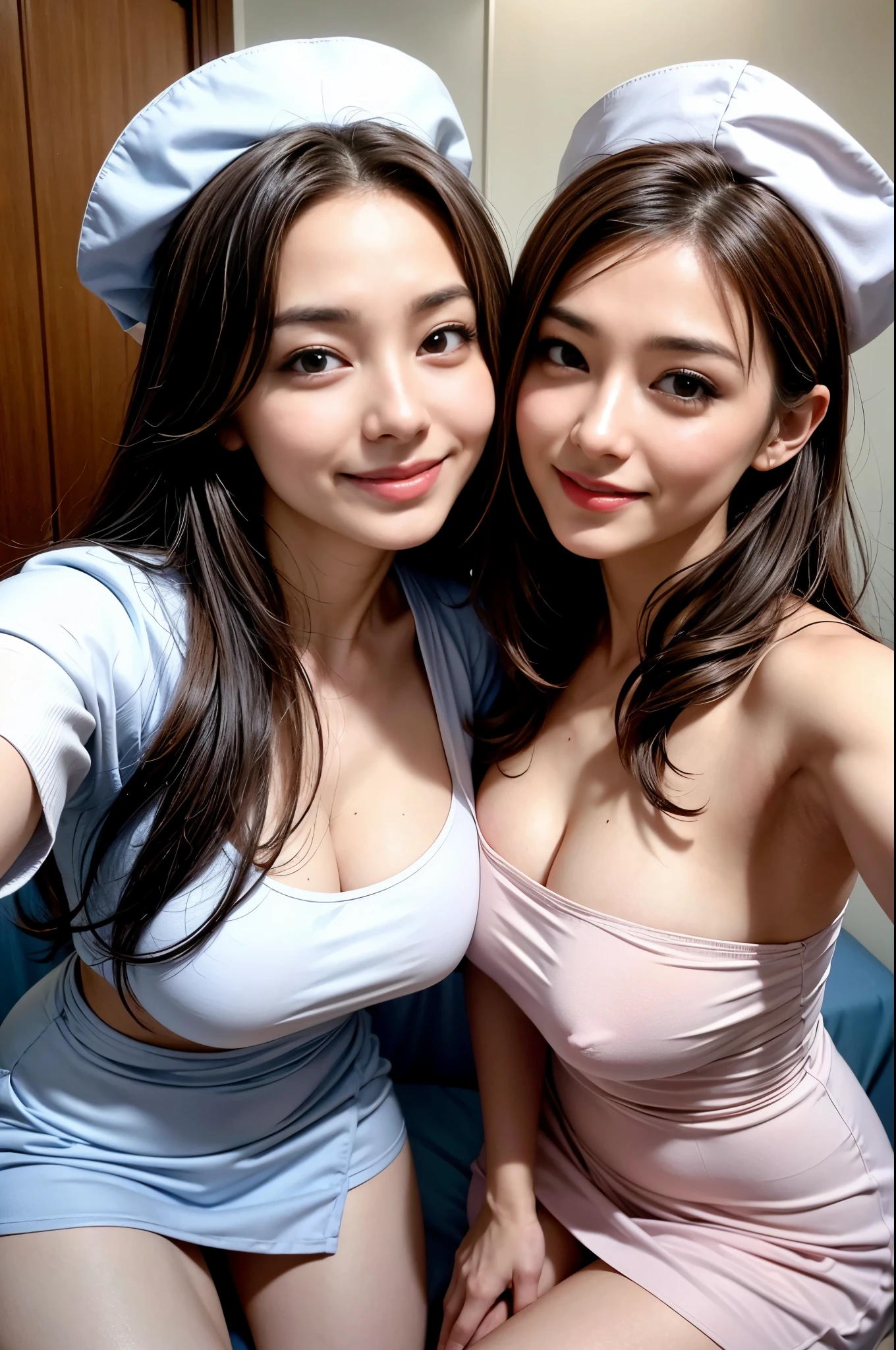 ((high angle, close-up)), two nurses, hot, with long hair, wearing a nursing hat, full lips, full breasts, silky skin, low-cut short-sleeved white shirt, miniskirt, are taking a selfie ( with the cell phone) in front of a hospital bed in a room, smiling, posing, happy (emphasis on the face and breasts), very hot.
