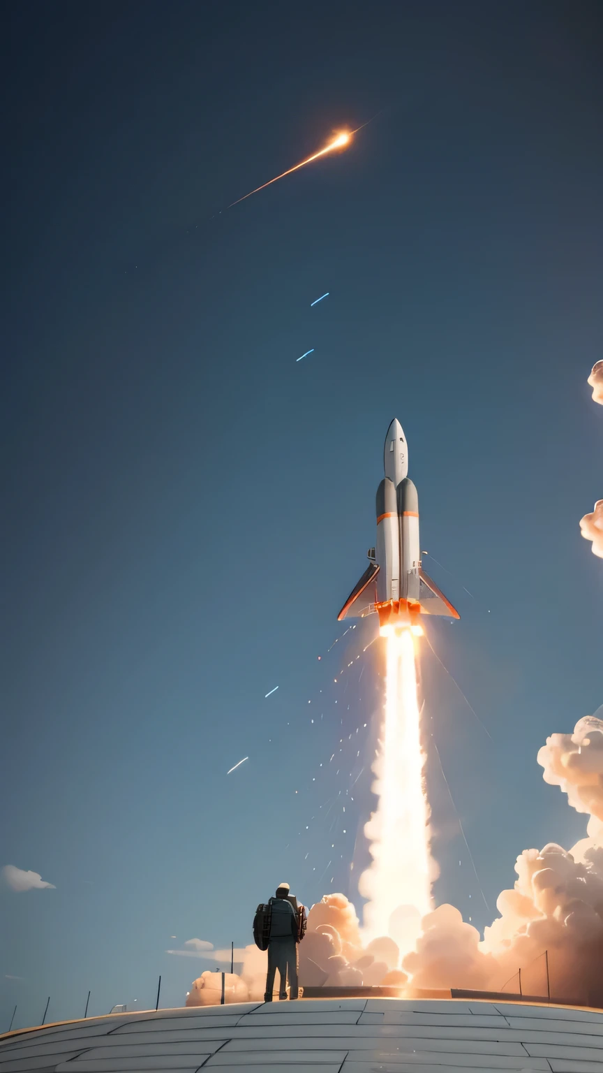 rocket launching into the sky,science and technology,Spectacular,Rockets shoot into the sky,There is a family standing by to watch
