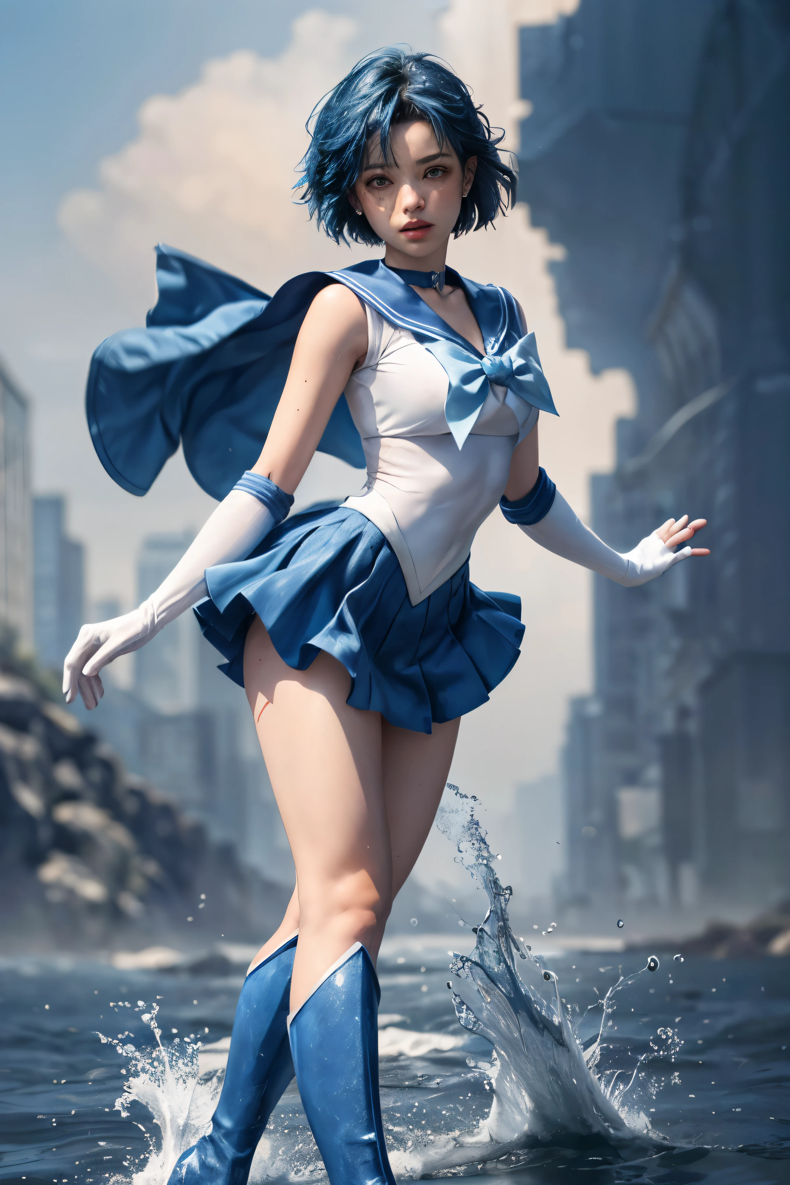 1 girl,chest,gloves,lips,alone,sailor mercury,blue eyes,uniform,See more1,tiara,sailor warrior uniform,(Raw photo, highest quality),masterpiece,disorganized,sexy,floating short blue hair,blue sailor collar,bow,(knee boots:1.1),choker,white gloves,blue choker,elbow gloves,jewelry,earrings,blue skirt,only,full body,blue hair,(Perfect hand-drawn hands):3.8,octane rendering,Water God々The beauty,