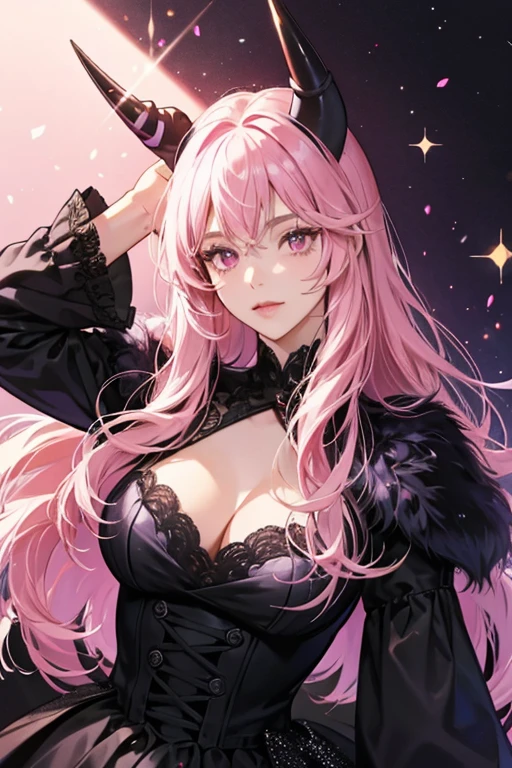 1 girl, big, succubus, long pink hair, pale skin, heart-shaped light blue eyes, fangs, white cat ears,, no bra