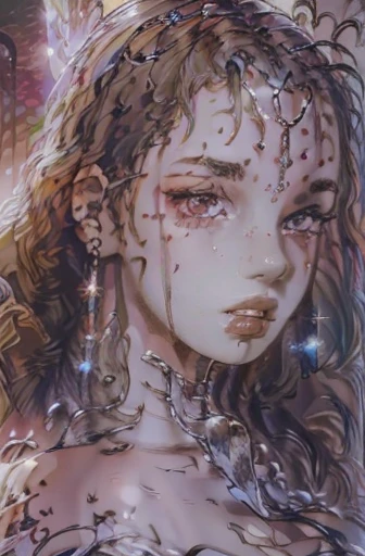 Create an image of a young woman, approximately 27 years old, presented as a superior entity or goddess from a tribal culture. The focus should be on the face, in close-up, captured at a specific oblique angle. She has light red, medium-length, slightly curly hair, adorned with delicate tribal-style tattoos that stretch across her face and neck. Furthermore, she must be adorned with tribal adornments, such as necklaces, earrings or crowns, highlighting her divine position. Her eyebrows should be finely shaped, and her eyes should be almond-shaped, light brown, expressive and medium in size. Her nose is delicate and slightly upturned, with discreet nostrils. Her lips are pink and slightly plump, showing a gentle and welcoming smile, with a subtle shine on her teeth. Her skin is clear and luminous, with a flawless, naturally radiant complexion. The expression on her face is majestic and confident, conveying a sense of power and wisdom, with a direct and engaging look. Please ensure that the generated image captures her full divinity and captivating personality, with accurate and realistic details in her physiognomy, facial expression and tribal adornments."