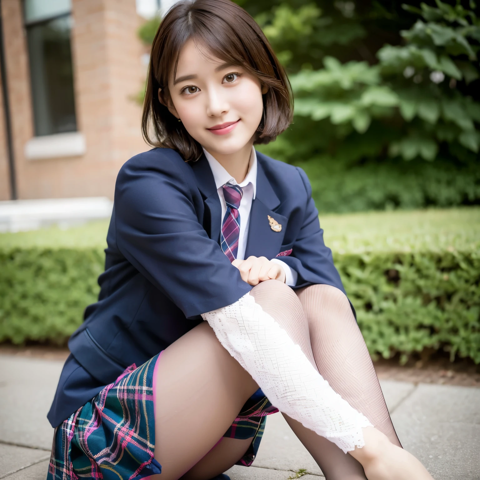 (8K), (highest quality: 1.2), (realistic), (realistic: 1.37), ultra high resolution, (1 girl), cute, smile, closed mouth, beautiful details, beautiful nose, short bob hair, giant dulcefo, pork, thighs，self snap,University Student Uniform,simple blazer,pleated skirt,(The pattern of the skirt and tie is a tartan check pattern....:1.3),(sitting:1), sit on the ground,(hug your feet:1),(Pink tights),from the front,knees