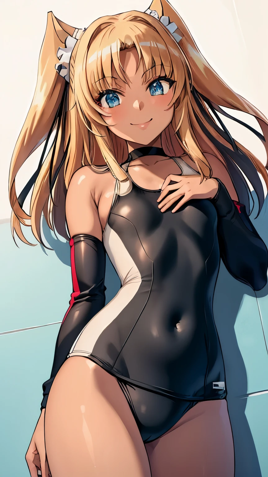 masterpiece, highest quality, Super detailed, (perfect face, detailed face), 1 girl, alone, Futabari, long hair, two side up, black skin, hair ribbon, flat chest, smile, white school swimsuit, cowboy shot