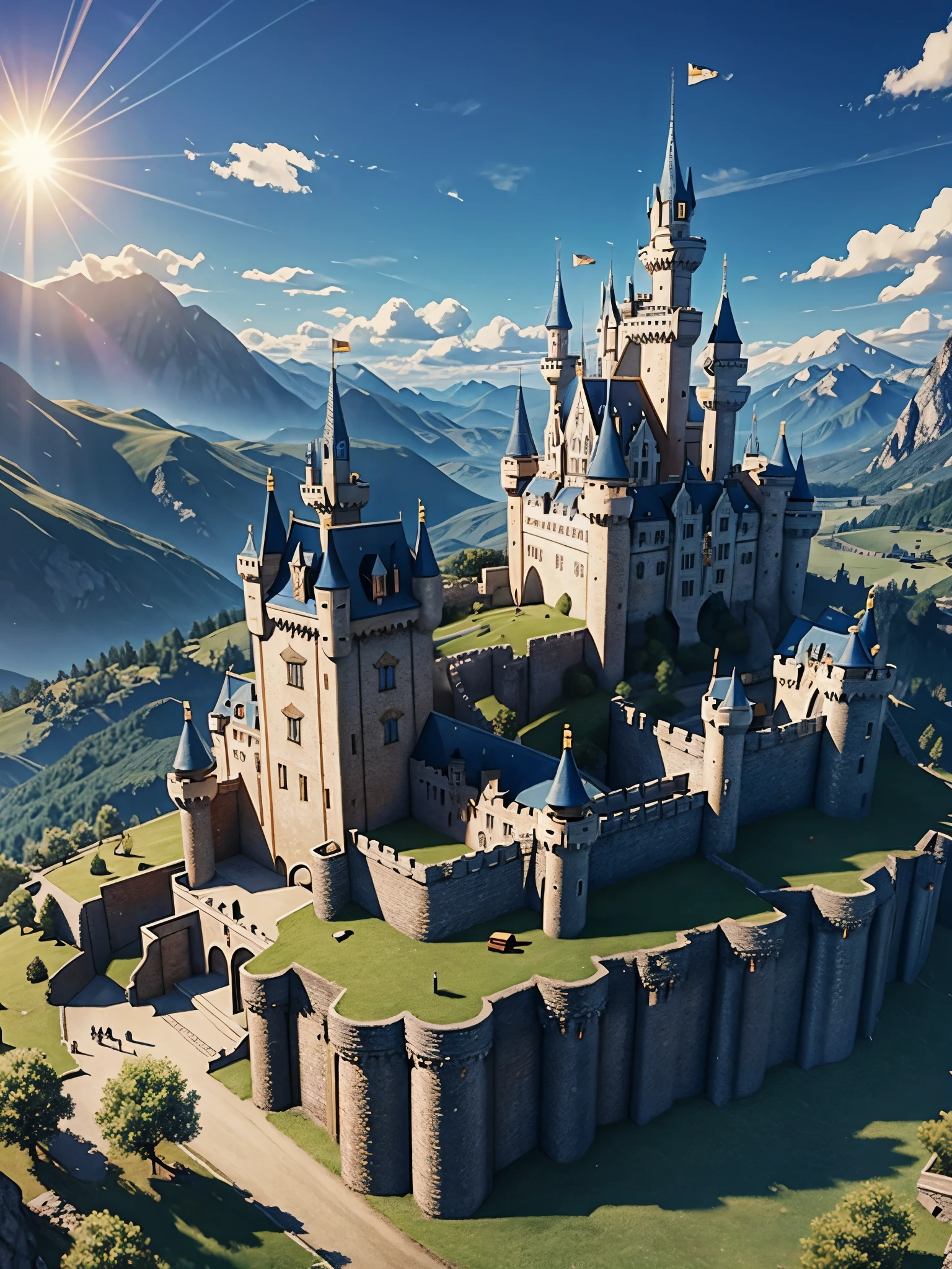 can generate a castle with Pixar graphics, where the sky is blue and nunes pass in front of the sun that shines brightly.