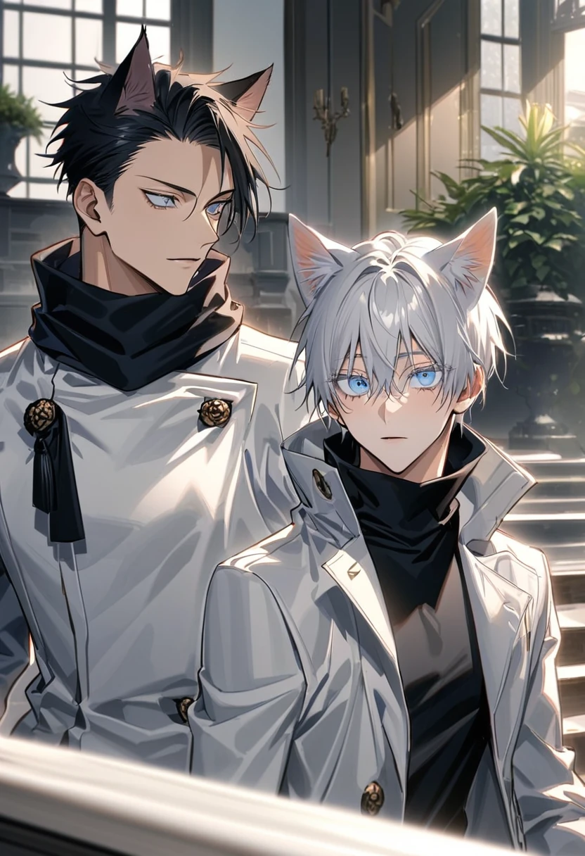Ultra detailed, Highres, absurdres, HDR, Gojou Satoru with white cat ears, white hair, blue eyes, white eyelashes, black scarf, white long coat, black tight shirt, Jujutsu Kaisen, Yuya, black hair, silver eyes, handsome, mansion, 2 men together, gay couple