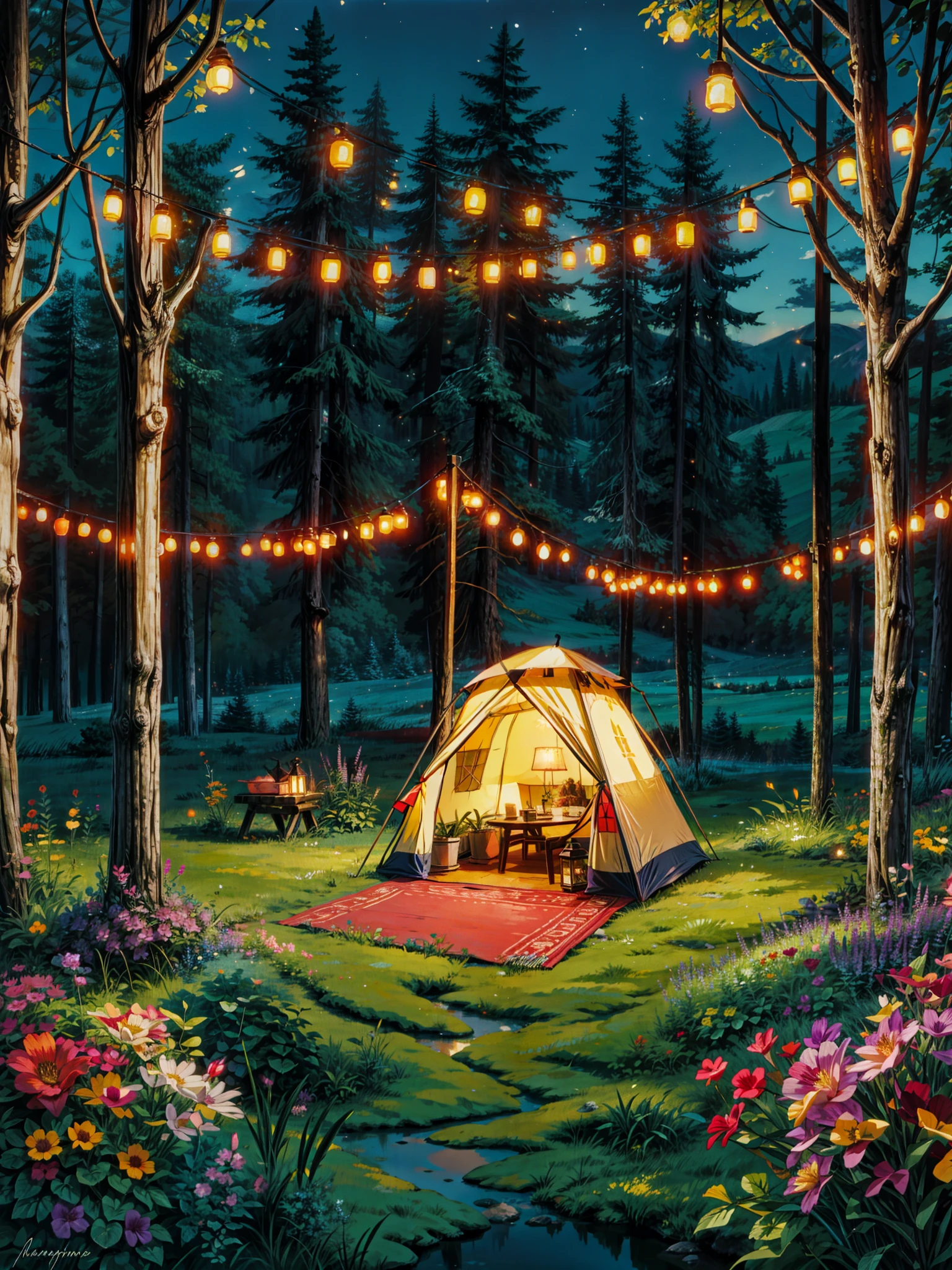 painting of a tent set up in the middle of a field, night outdoors, colorful, saturated, multicolored flowers, cozy night fireflies, outdoors lighting, soft outdoor light, outdoors setting, cosy enchanted scene, string lights, outdoors at night, outdoor lighting, under the stars, romantic ambiente, cinematic outdoor lighting, cozy and peaceful atmosphere, warm summer nights, warm lantern lighting, comfy ambience