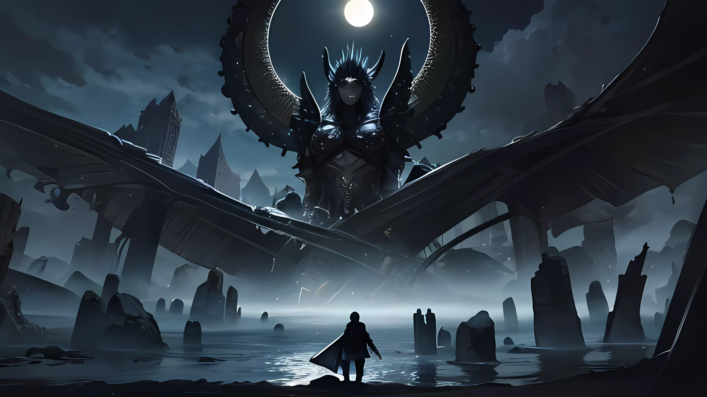 Imagen arafeada de un hombre parado en el agua con una mano gigante en el fondo., Arte oscuro surrealista, Sol negro, con soles negros en el cielo, dramatic work of art, Arte surrealista oscuro, eclipse, Eclipse eterno, Arte oscuro altamente detallado, enorme y gigantesco sol negro, art album, por Kristian Kreković, Sol oscuro, a sinister fantasy illustration
