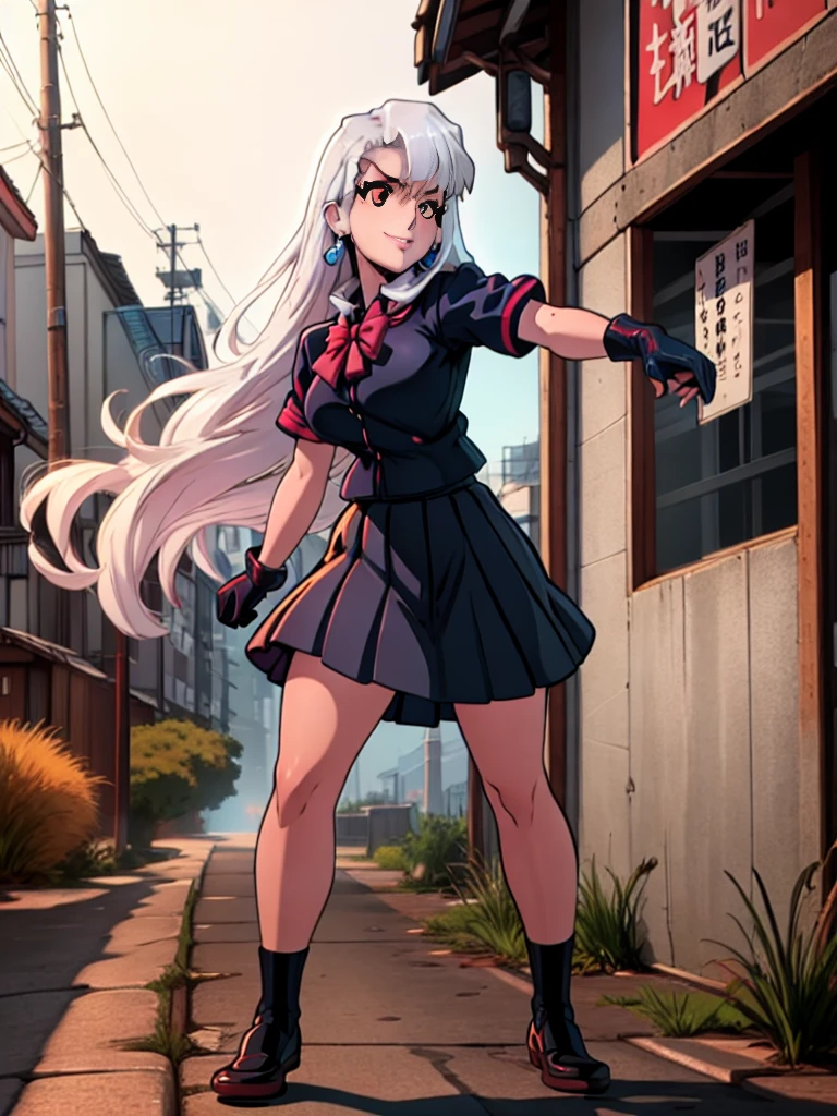 cartoon, sukeban illyasviel_von_einzbern, mature_female, silver hair, holding yoyo, combat pose, full body, flowing hair, hair between the eyes, asymmetrical hair, red eyes, delicate facial features, sukeban deka clothe, looking_at_viewer, outdoors, background tokyo, ((solo girl:1,5))+++++,woman in a 80's sukeban seifuku standing on a set of strees, black , 80's japanese sukeban photo, sukeban seifuku,  80's japan, sukeban, long black skirt, red converse, full body, light skin tone female, full body, tape, arm_support, gloves, red_gloves, bridal gauntlets, blackred_footwear, fighter outfit, full body, hourglass, mature face, cheeky smile, cheeky face, wrinkles,( silver long hair, earrings, ear piercings), (fighting art, Martial arts, standing, fighting_stance, fight, fighting), extra colors, 2D, megapixel, perfectionism, accent lighting, full HD , 4K, masterpiece, empty red eyes,  extra colors, 2D, megapixel, perfectionism, accent lighting, full HD , (Masterpiece:1.2), (full-body-shot:1),(cowboy shot:1.2), (Highly detailed:1.2),(anime Detailed Face:1.2), Colorful, A detailed eye, (Detailed landscape:1.2), (natural lighting:1.2), ((sukeban school teacher)) by Vincent Di Fate: Aidyllery, Anamorphic Shot, rule of thirds, face by Artgerm and WLOP, ((street of rage 4 city backround)), fictive city backround in the style art of street of rage 4,